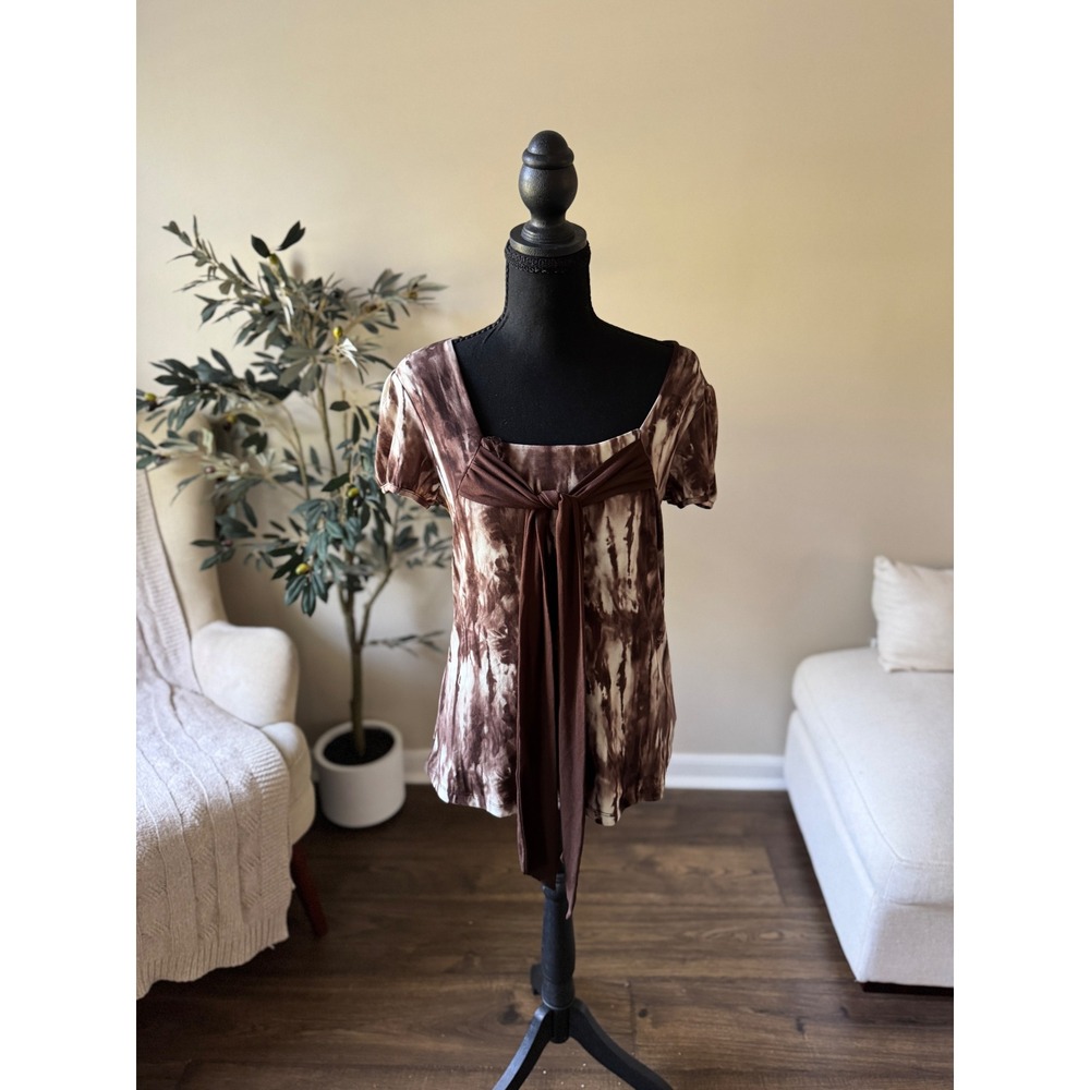 Style & Co Brown Tie Dye Mesh Short Sleeve Tie Front Blouse Top Medium